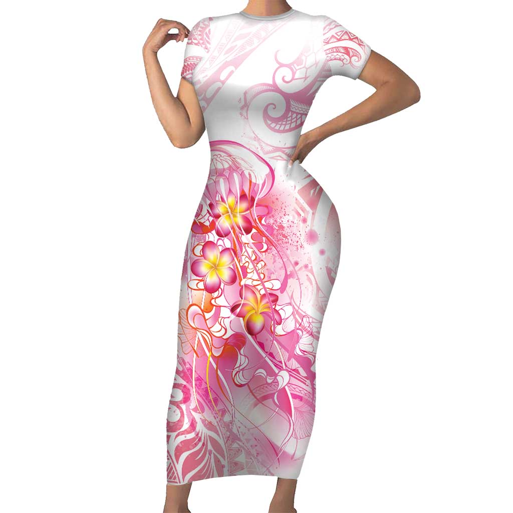Rose Pink Polynesian Jellyfish Short Sleeve Bodycon Dress Watercolor Glows LT7 Long Dress Rose Pink - Polynesian Pride