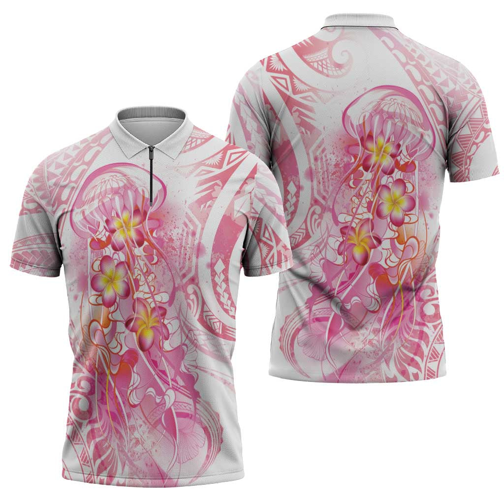 Rose Pink Polynesian Jellyfish Zipper Polo Shirt Watercolor Glows - Polynesian Pride