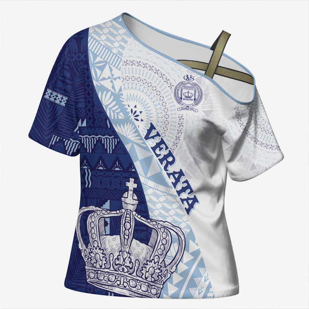 Queen Victoria School Fiji Vulinitu Verata House Cross Shoulder Shirt Masi Tapa LT7 Female Blue - Polynesian Pride