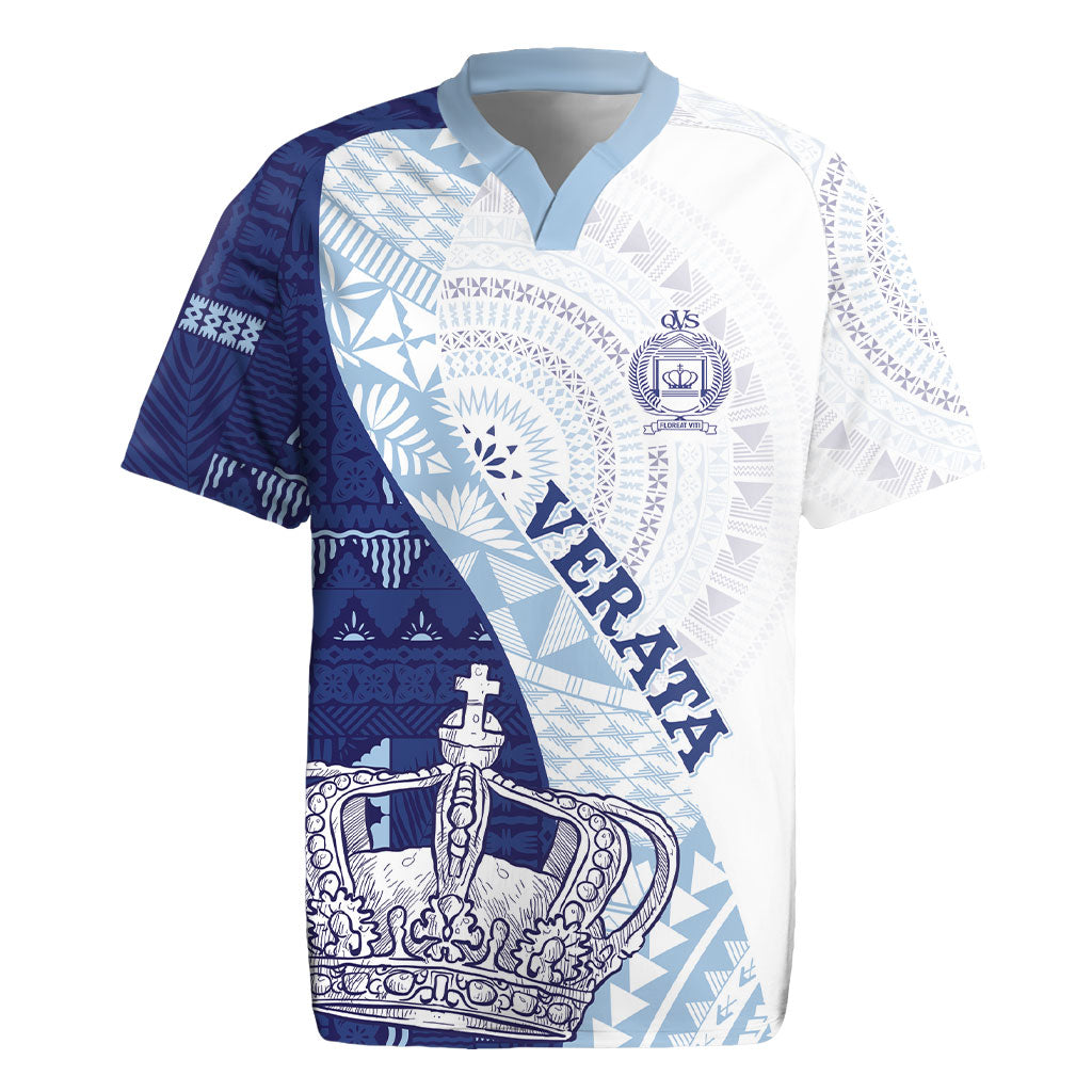 Queen Victoria School Fiji Vulinitu Verata House Rugby Jersey Masi Tapa LT7 Blue - Polynesian Pride