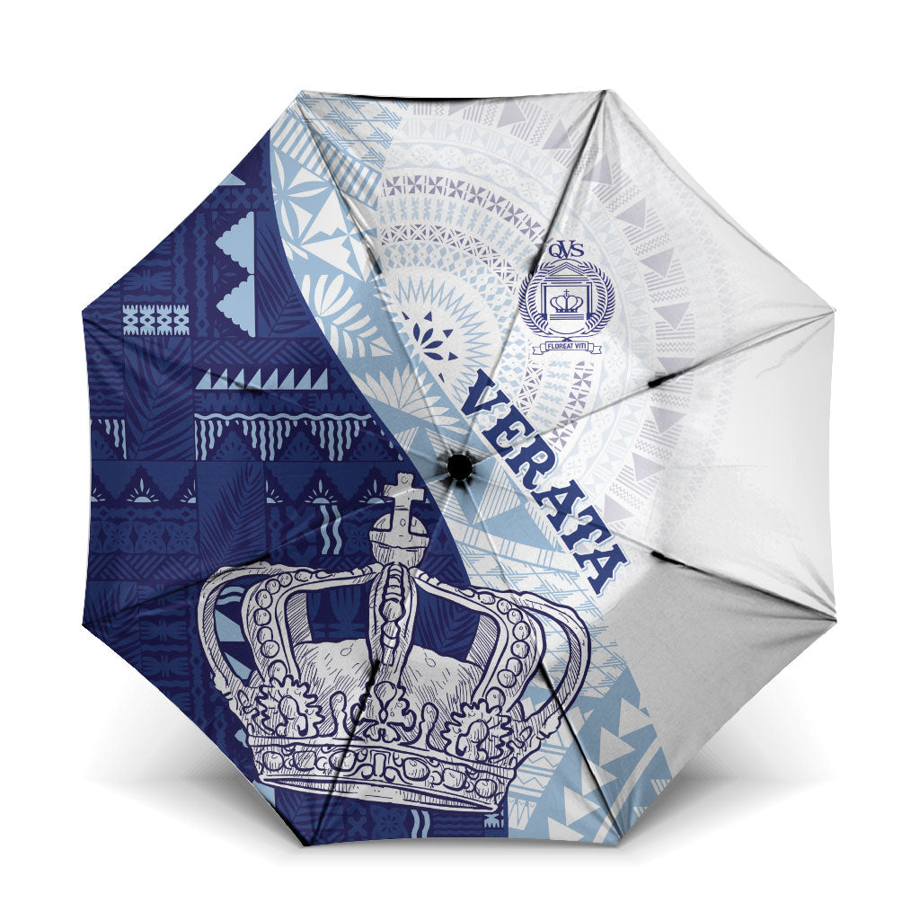 Queen Victoria School Fiji Vulinitu Verata House Umbrella Masi Tapa LT7 One Size Folded 11.42 inch Opened Diameter 37.4 inch Blue - Polynesian Pride