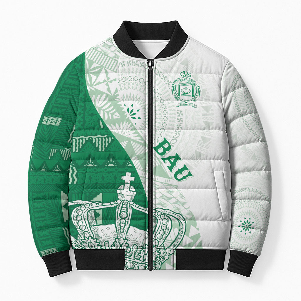 Queen Victoria School Fiji Vulinitu Bau House Bomber Puffer Jacket Masi Tapa LT7 Unisex Green - Polynesian Pride
