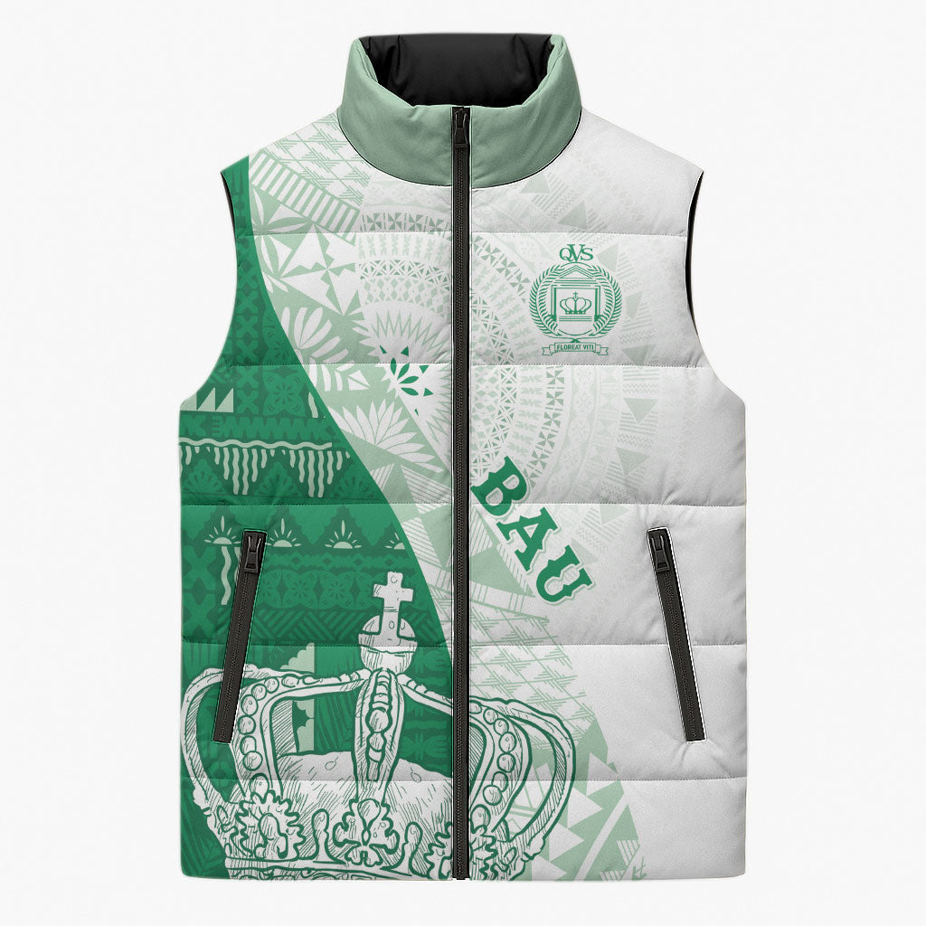 Queen Victoria School Fiji Vulinitu Bau House Sleeveless Puffer Jacket Masi Tapa LT7 Unisex Green - Polynesian Pride