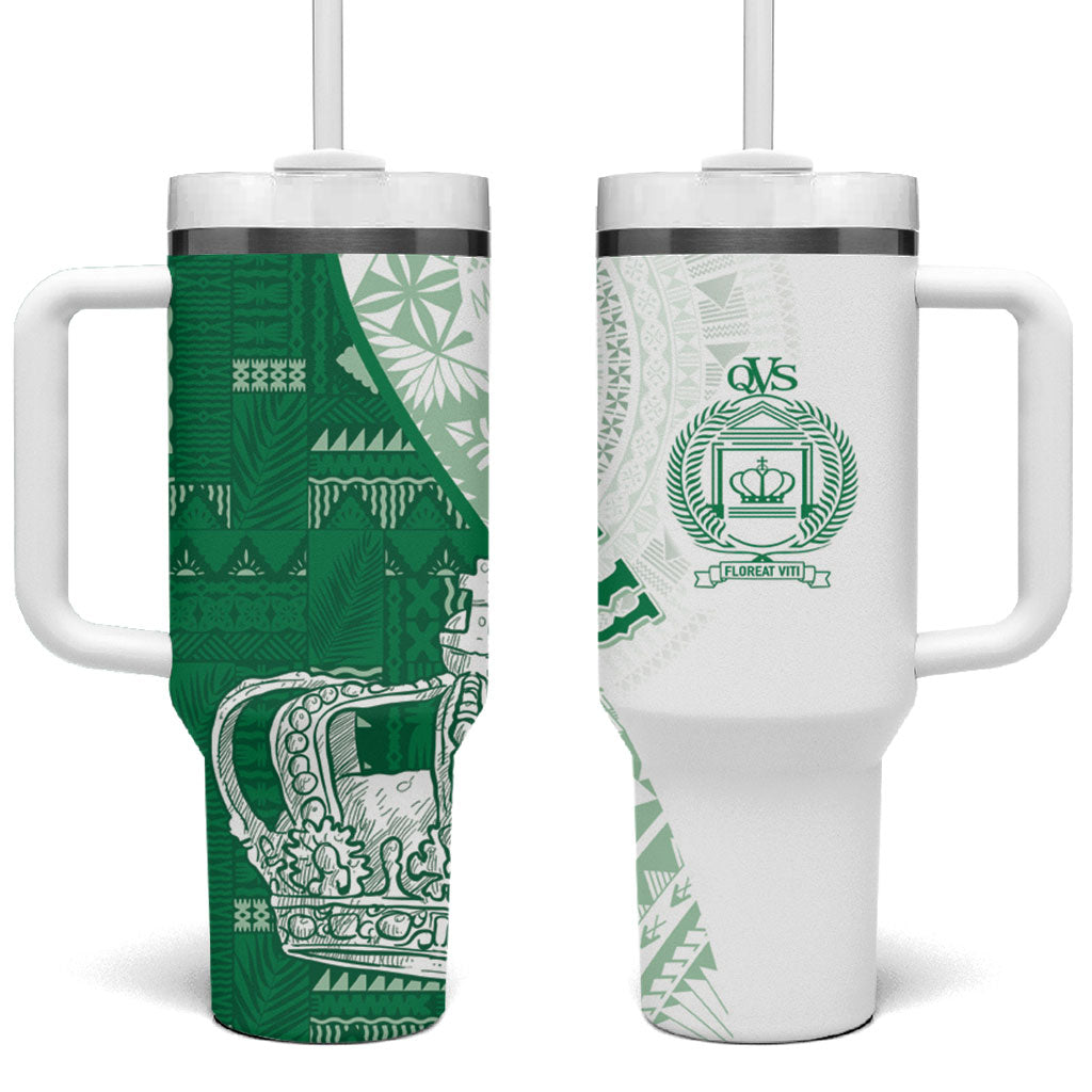 Queen Victoria School Fiji Vulinitu Bau House Tumbler With Handle Masi Tapa LT7 One Size: 40 oz Green - Polynesian Pride
