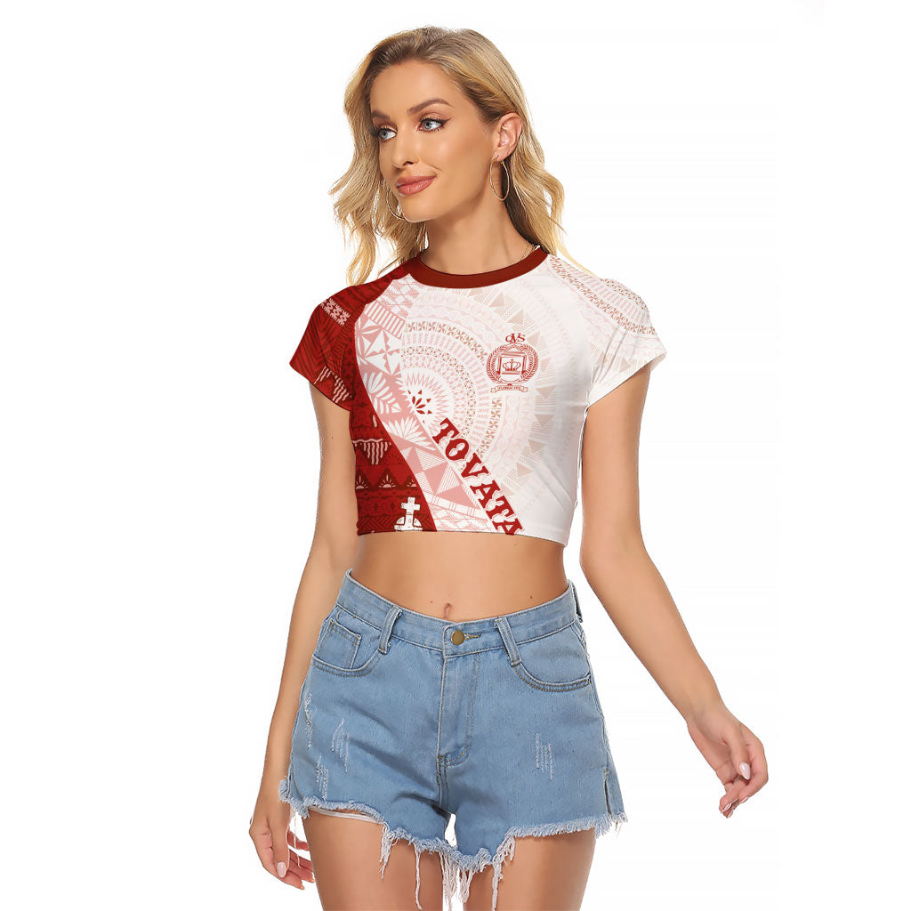 Queen Victoria School Fiji Vulinitu Tovata House Raglan Cropped T Shirt Masi Tapa LT7 Female Red - Polynesian Pride