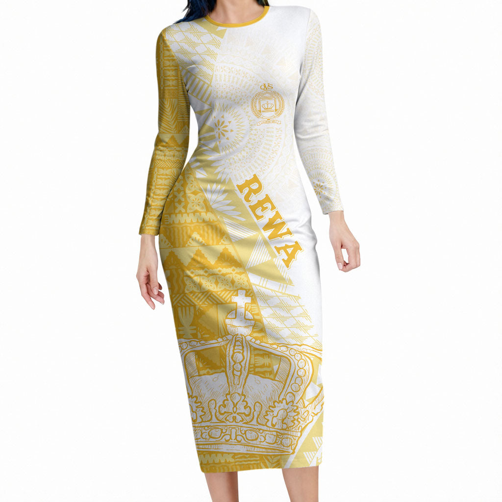 Queen Victoria School Fiji Vulinitu Rewa House Long Sleeve Bodycon Dress Masi Tapa LT7 Long Dress Yellow - Polynesian Pride