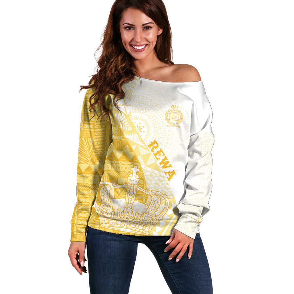 Queen Victoria School Fiji Vulinitu Rewa House Off Shoulder Sweater Masi Tapa LT7 Women Yellow - Polynesian Pride