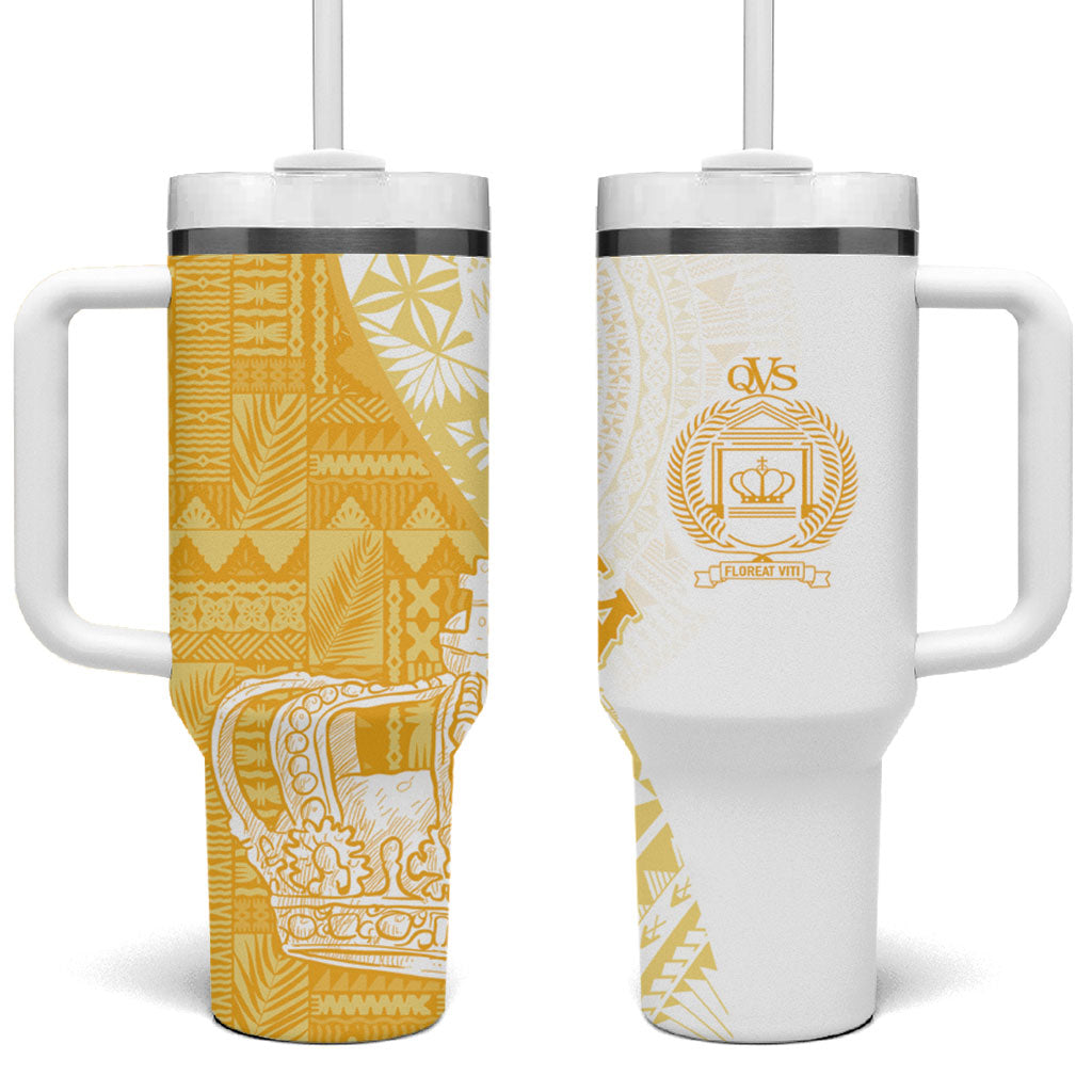 Queen Victoria School Fiji Vulinitu Rewa House Tumbler With Handle Masi Tapa LT7 One Size: 40 oz Yellow - Polynesian Pride