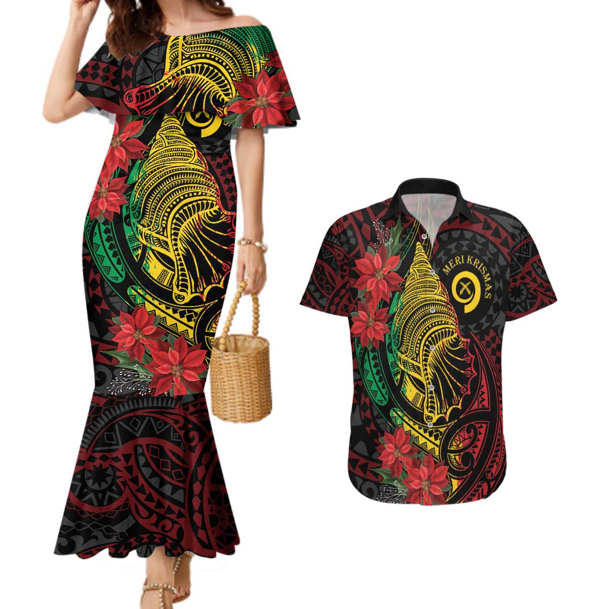 Vanuatu Meri Krismas Couples Matching Mermaid Dress and Hawaiian Shirt Conch Shell Tribal Art