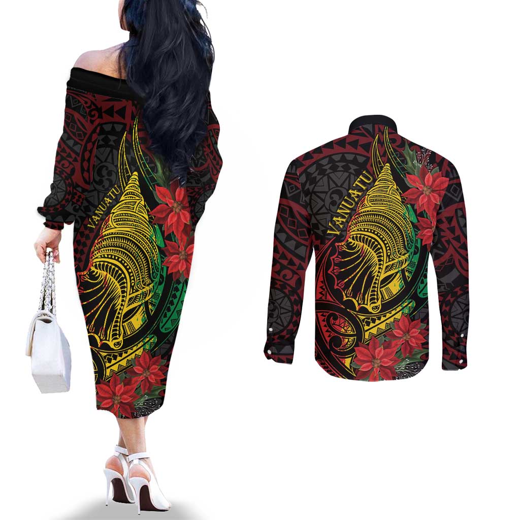 Vanuatu Meri Krismas Couples Matching Off The Shoulder Long Sleeve Dress and Long Sleeve Button Shirt Conch Shell Tribal Art