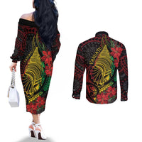 Vanuatu Meri Krismas Couples Matching Off The Shoulder Long Sleeve Dress and Long Sleeve Button Shirt Conch Shell Tribal Art
