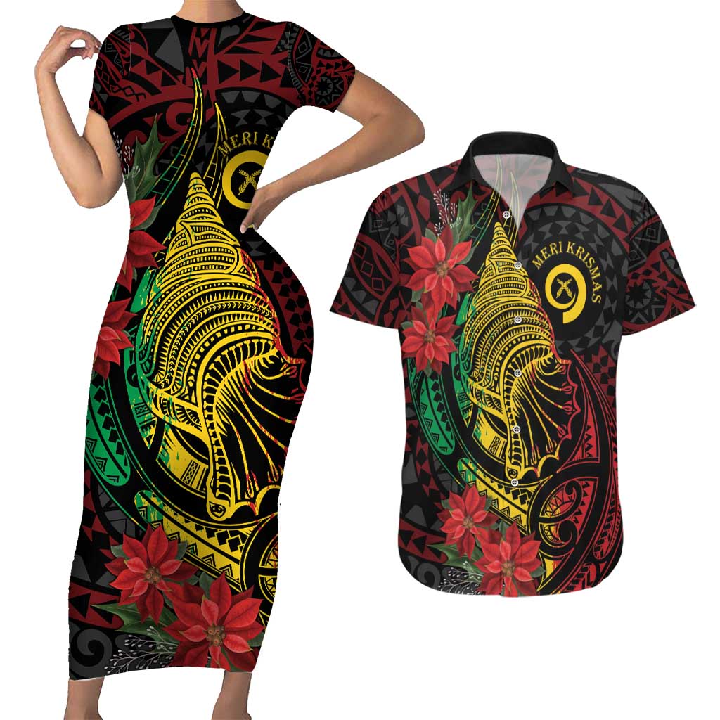 Vanuatu Meri Krismas Couples Matching Short Sleeve Bodycon Dress and Hawaiian Shirt Conch Shell Tribal Art