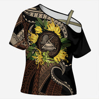 Samoa Moso'oi Flowers Tatau Cross Shoulder Shirt Festive Tapa Brown LT7 Female Brown - Polynesian Pride