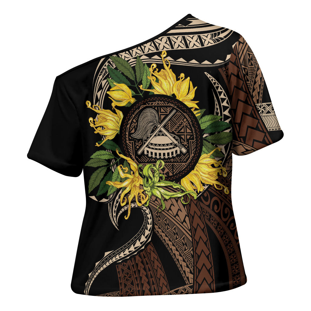 Samoa Moso'oi Flowers Tatau Cross Shoulder Shirt Festive Tapa Brown LT7 - Polynesian Pride