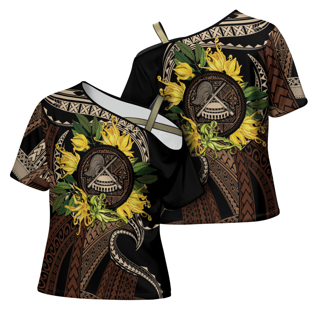 Samoa Moso'oi Flowers Tatau Cross Shoulder Shirt Festive Tapa Brown LT7 - Polynesian Pride