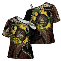Samoa Moso'oi Flowers Tatau Cross Shoulder Shirt Festive Tapa Brown LT7 - Polynesian Pride