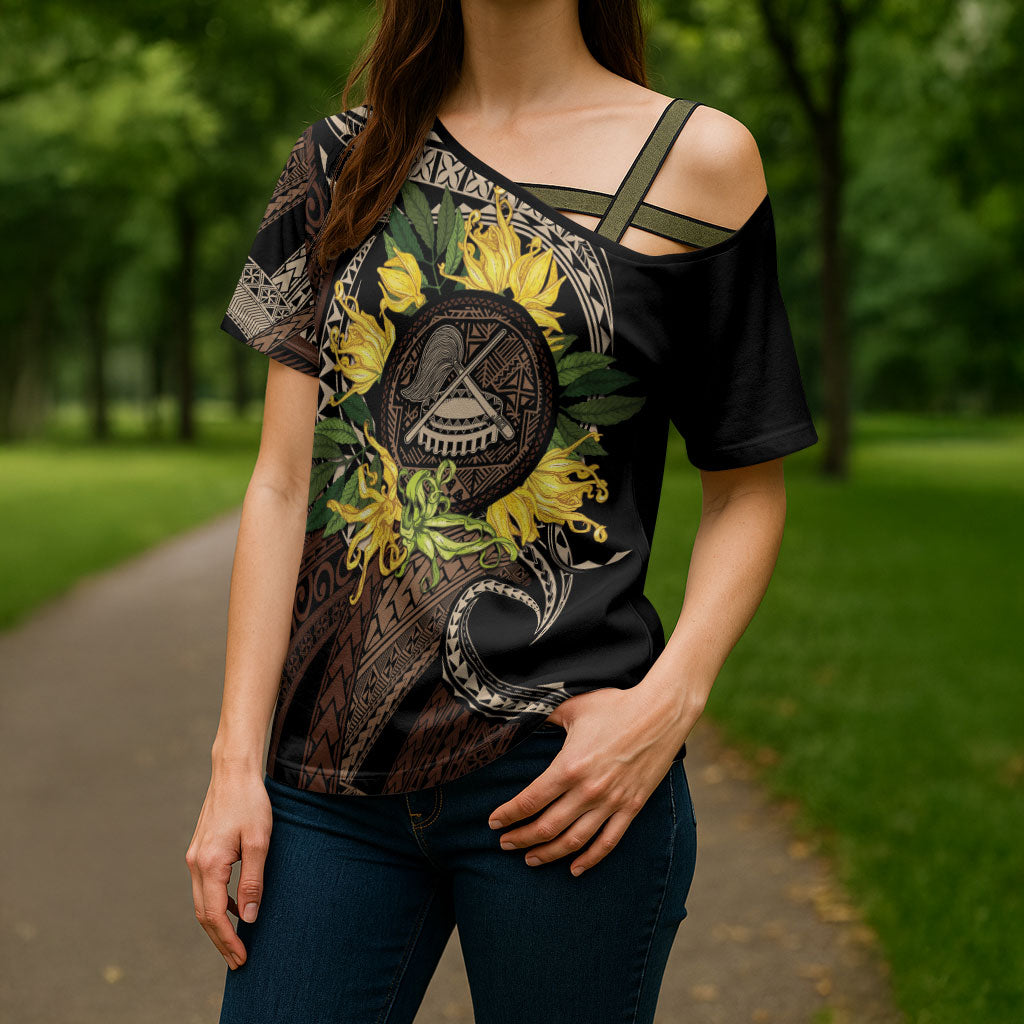 Samoa Moso'oi Flowers Tatau Cross Shoulder Shirt Festive Tapa Brown LT7 - Polynesian Pride