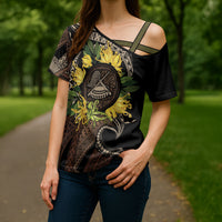 Samoa Moso'oi Flowers Tatau Cross Shoulder Shirt Festive Tapa Brown LT7 - Polynesian Pride