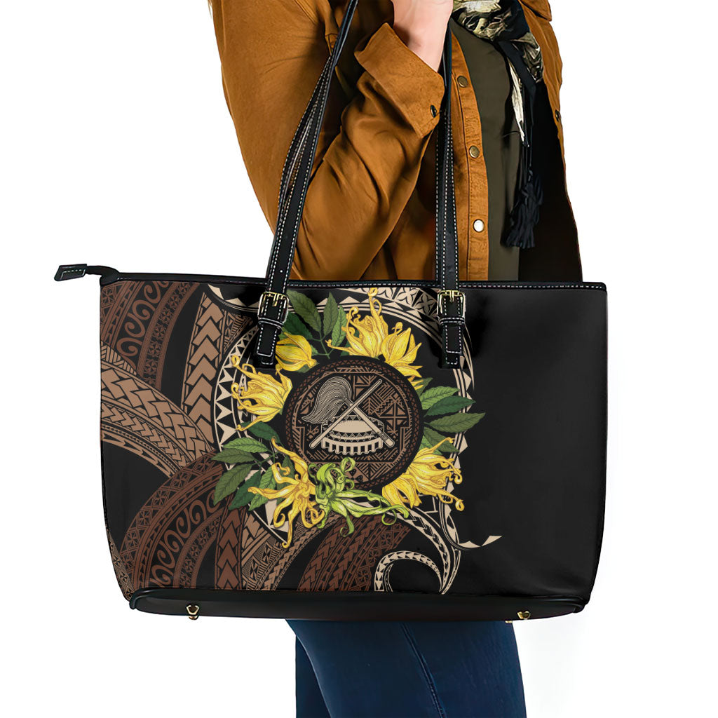Samoa Moso'oi Flowers Tatau Leather Tote Bag Festive Tapa Brown LT7 - Polynesian Pride