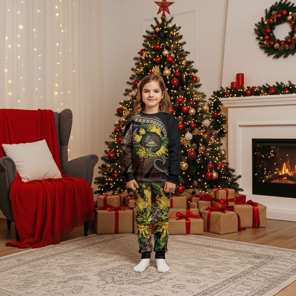 Samoa Moso'oi Flowers Tatau Christmas Pajama Set Festive Tapa Brown LT7 Kid Brown - Polynesian Pride