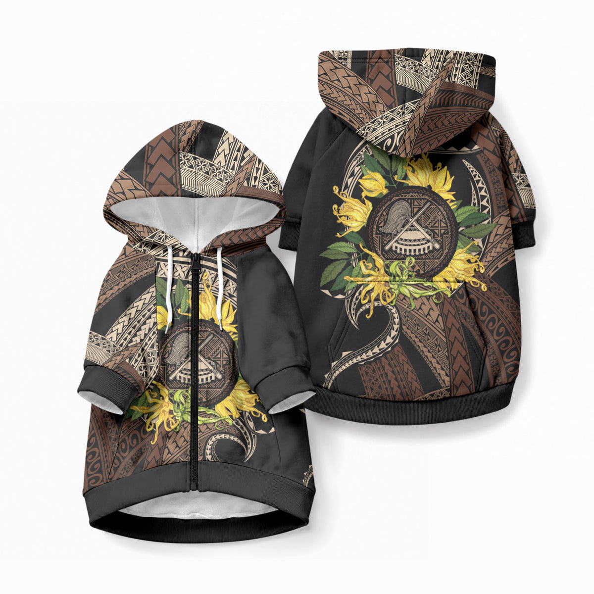 Samoa Moso'oi Flowers Tatau Pet Hoodie Festive Tapa Brown LT7 Zip-up Brown - Polynesian Pride