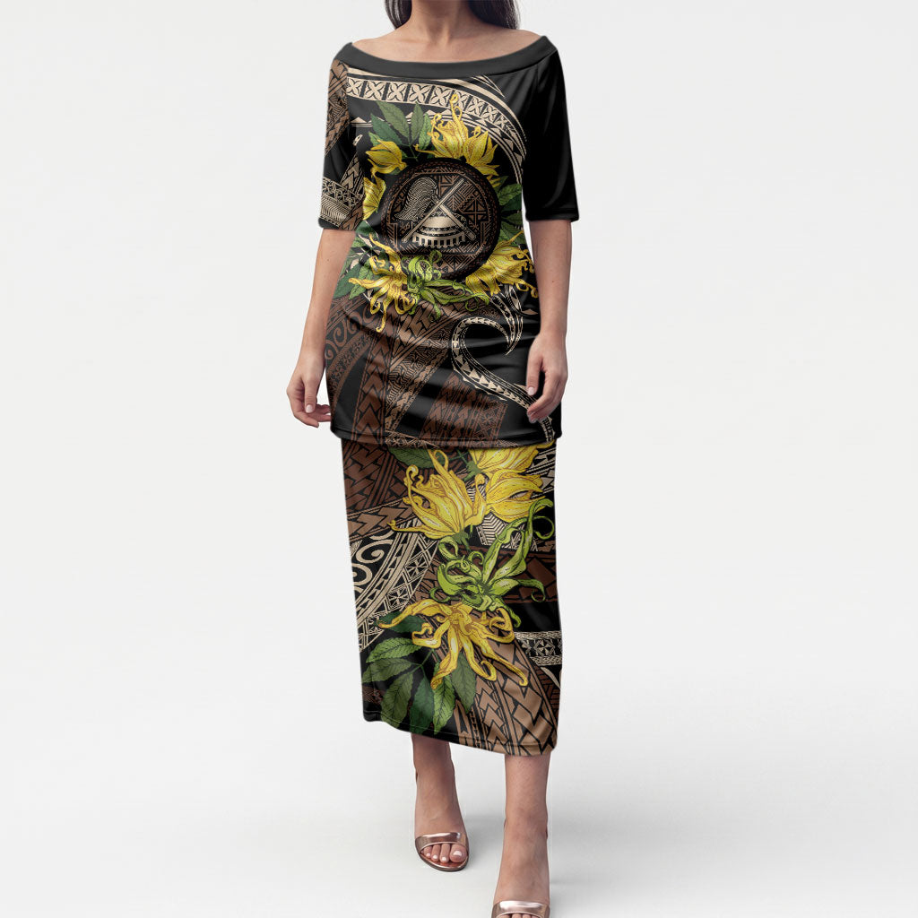 Samoa Moso'oi Flowers Tatau Puletasi Festive Tapa Brown LT7 Long Dress Brown - Polynesian Pride