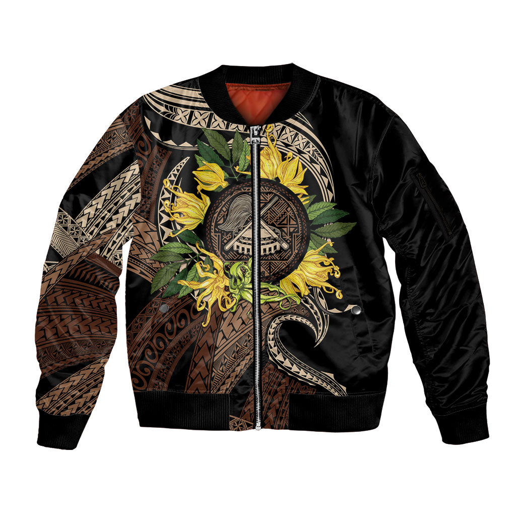 Samoa Moso'oi Flowers Tatau Sleeve Zip Bomber Jacket Festive Tapa Brown LT7 Unisex Brown - Polynesian Pride