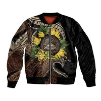 Samoa Moso'oi Flowers Tatau Sleeve Zip Bomber Jacket Festive Tapa Brown LT7 Unisex Brown - Polynesian Pride