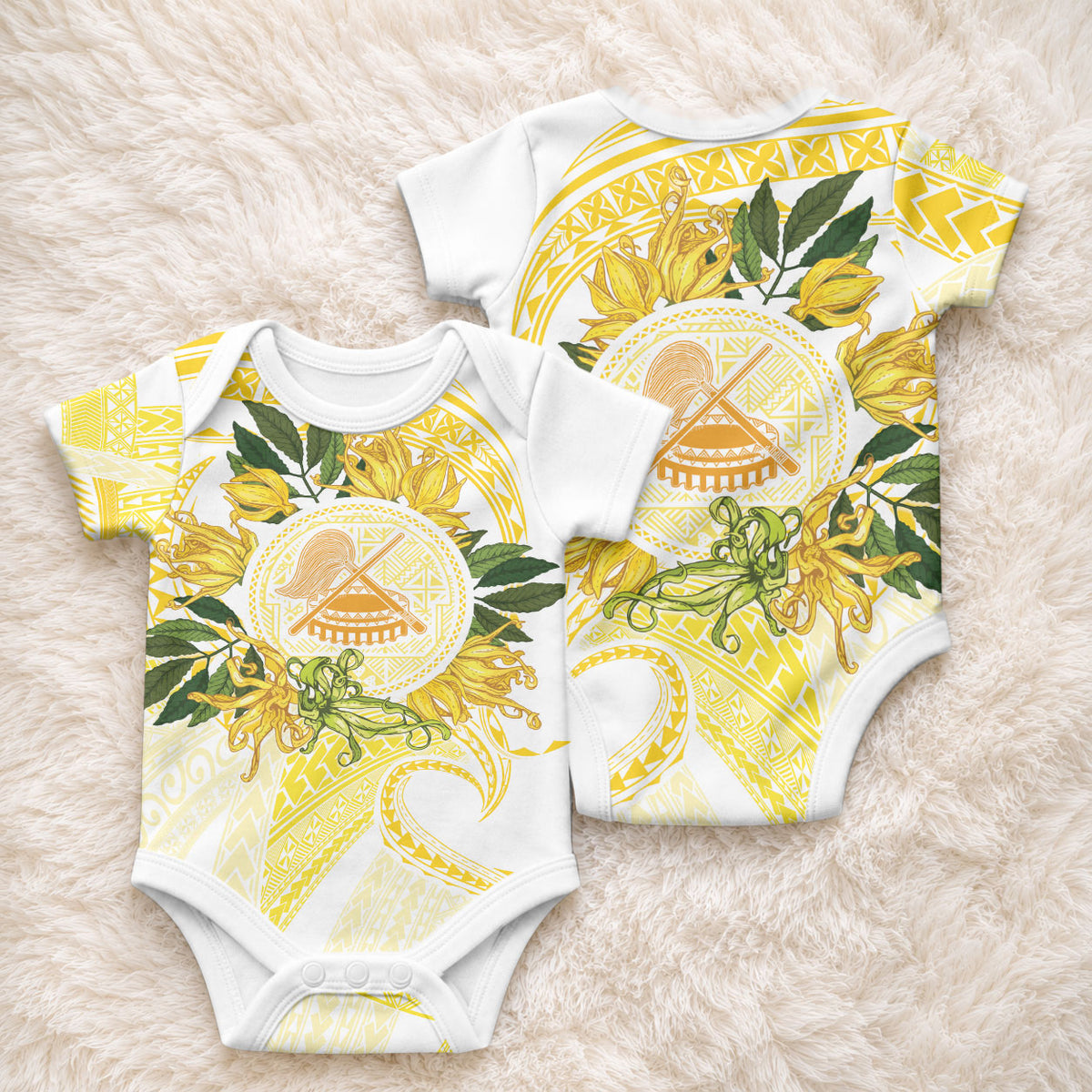Samoa Moso'oi Flowers Tatau Baby Onesie Festive Golden White LT7 - Polynesian Pride