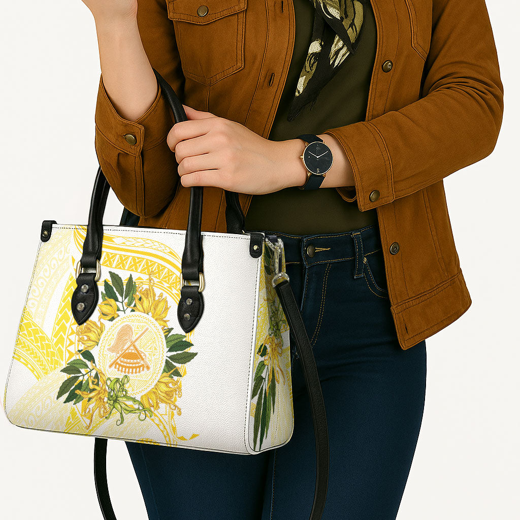 Samoa Moso'oi Flowers Tatau Leather Bag Festive Golden White LT7 - Polynesian Pride