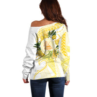 Samoa Moso'oi Flowers Tatau Off Shoulder Sweater Festive Golden White LT7 - Polynesian Pride