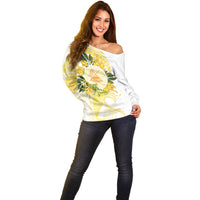 Samoa Moso'oi Flowers Tatau Off Shoulder Sweater Festive Golden White LT7 - Polynesian Pride