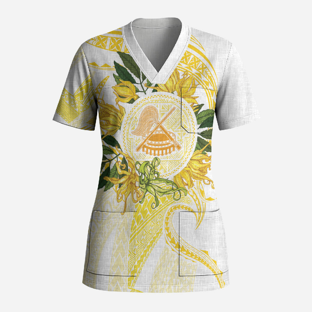 Samoa Moso'oi Flowers Tatau Scrub Top Festive Golden White LT7 Adult Gold - Polynesian Pride