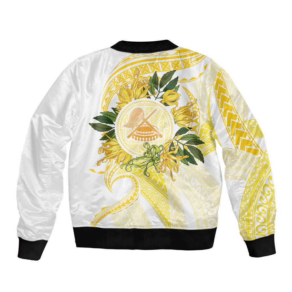 Samoa Moso'oi Flowers Tatau Sleeve Zip Bomber Jacket Festive Golden White LT7 - Polynesian Pride