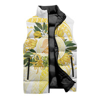 Samoa Moso'oi Flowers Tatau Sleeveless Puffer Jacket Festive Golden White LT7 - Polynesian Pride