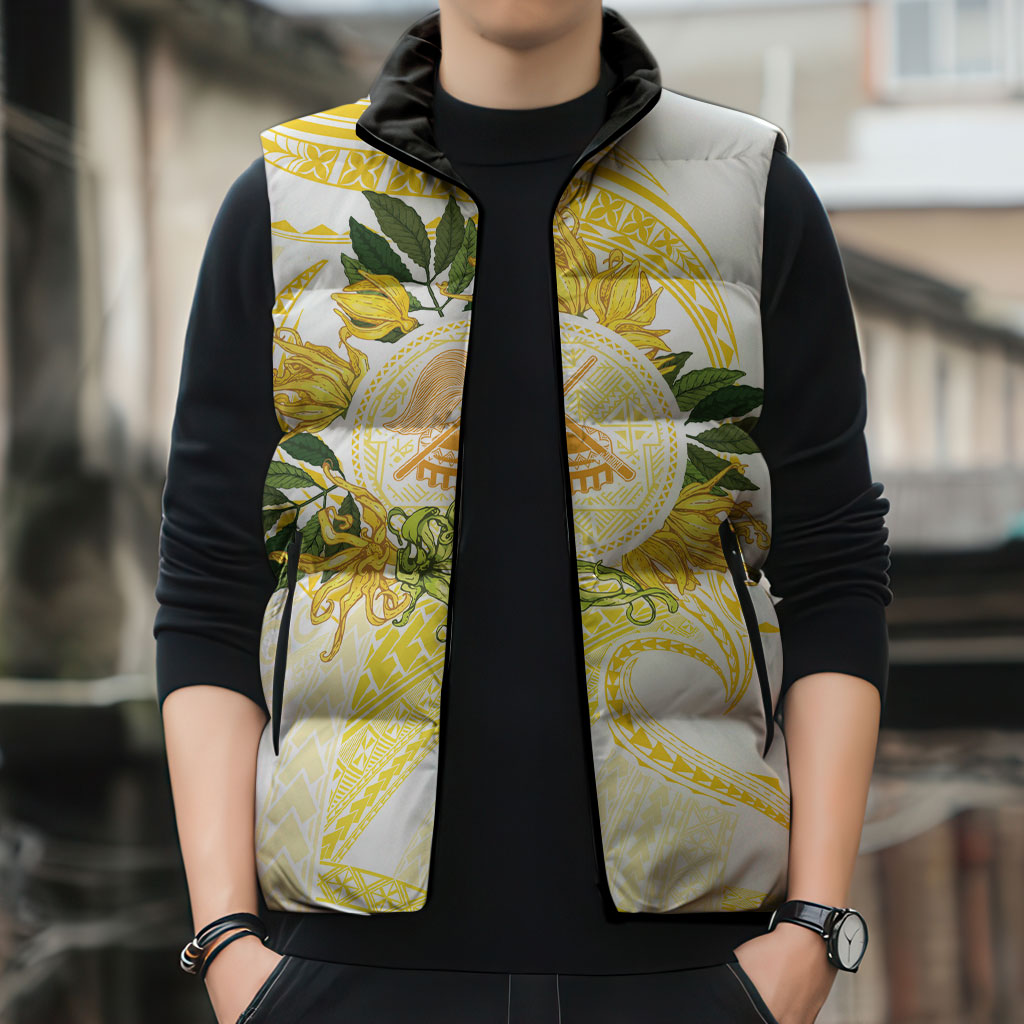 Samoa Moso'oi Flowers Tatau Sleeveless Puffer Jacket Festive Golden White LT7 - Polynesian Pride