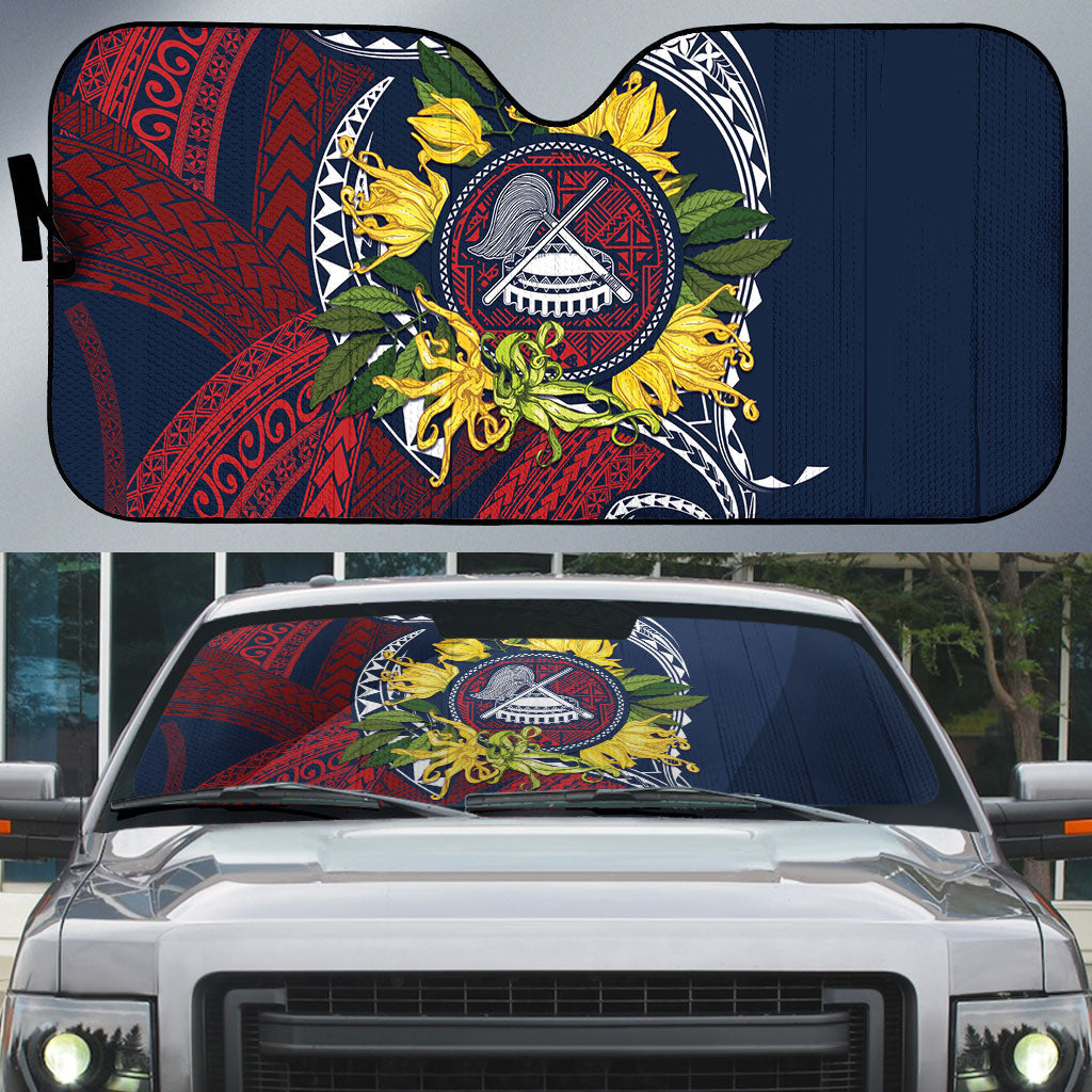Samoa Moso'oi Flowers Tatau Auto Sun Shade Festive National Color LT7 Blue Red - Polynesian Pride