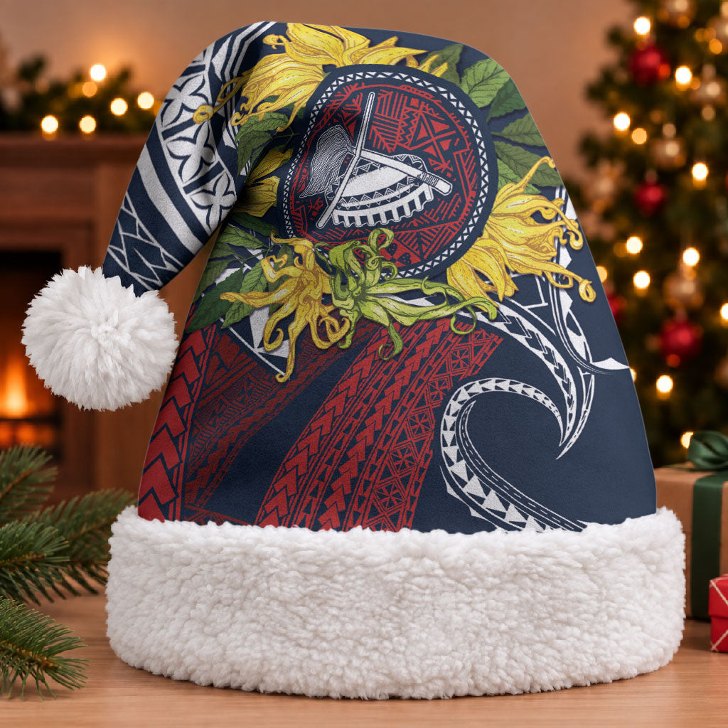 Samoa Moso'oi Flowers Tatau Christmas Santa Hat Festive National Color LT7 With Fur Blue Red - Polynesian Pride