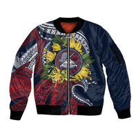 Samoa Moso'oi Flowers Tatau Sleeve Zip Bomber Jacket Festive National Color LT7 Unisex Blue Red - Polynesian Pride