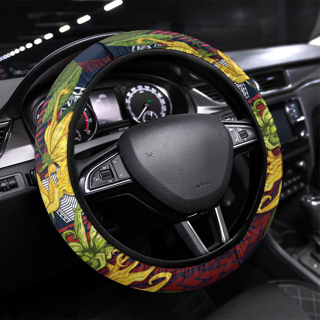 Samoa Moso'oi Flowers Tatau Steering Wheel Cover Festive National Color LT7 Universal Fit Blue Red - Polynesian Pride