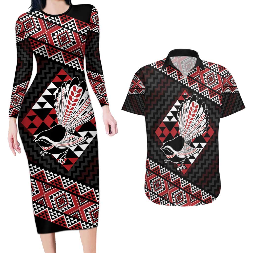 Taniko Aotearoa Couples Matching Long Sleeve Bodycon Dress and Hawaiian Shirt Poutama Mix Piwakawaka