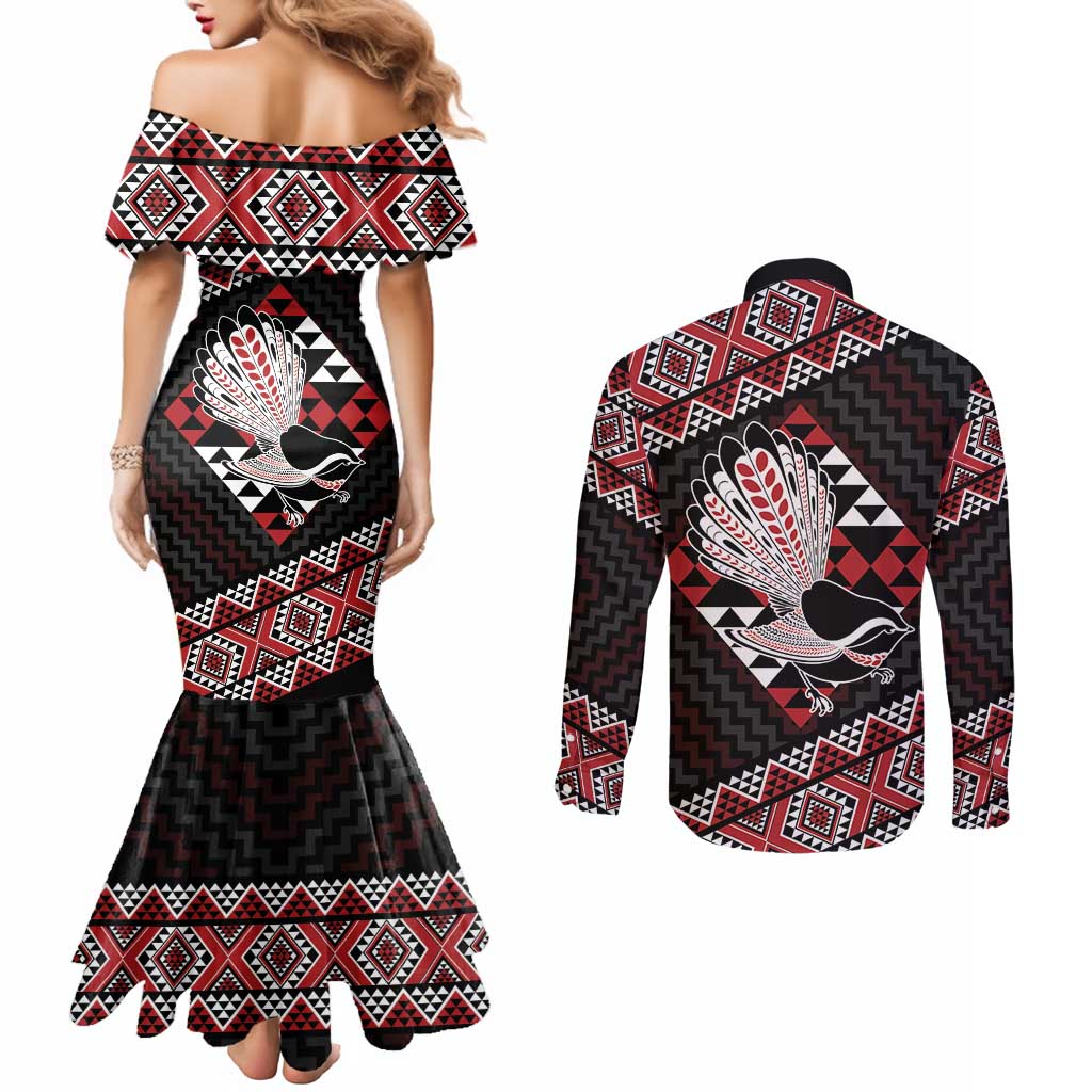 Taniko Aotearoa Couples Matching Mermaid Dress and Long Sleeve Button Shirt Poutama Mix Piwakawaka