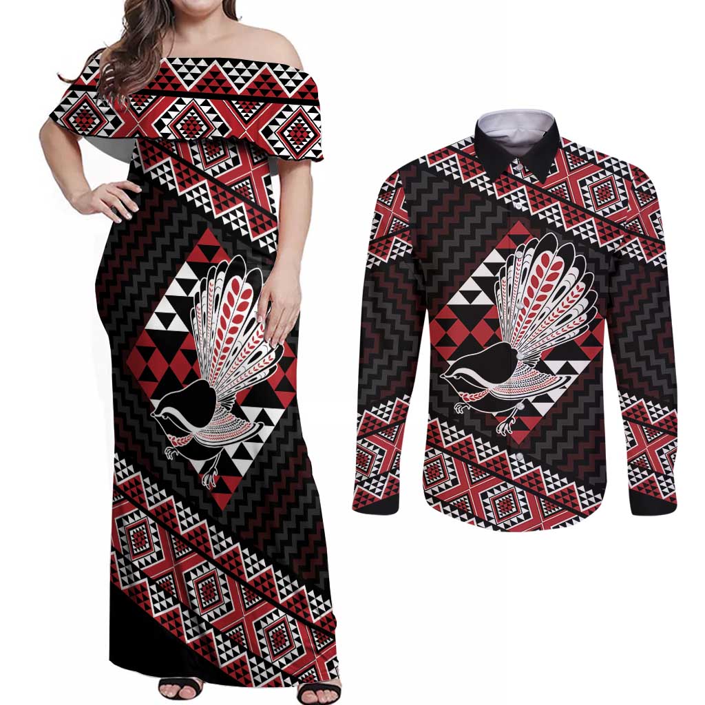 Taniko Aotearoa Couples Matching Off Shoulder Maxi Dress and Long Sleeve Button Shirt Poutama Mix Piwakawaka
