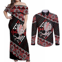 Taniko Aotearoa Couples Matching Off Shoulder Maxi Dress and Long Sleeve Button Shirt Poutama Mix Piwakawaka