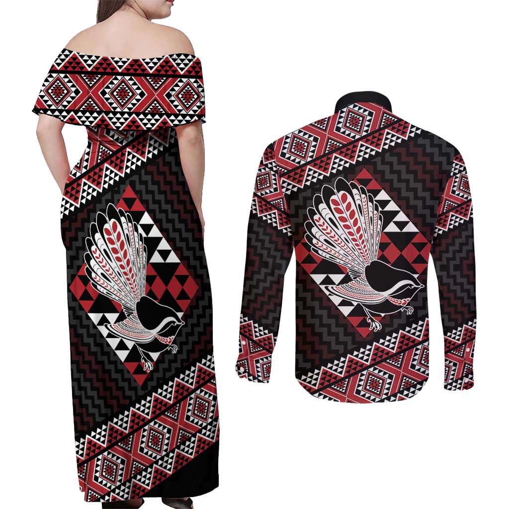 Taniko Aotearoa Couples Matching Off Shoulder Maxi Dress and Long Sleeve Button Shirt Poutama Mix Piwakawaka