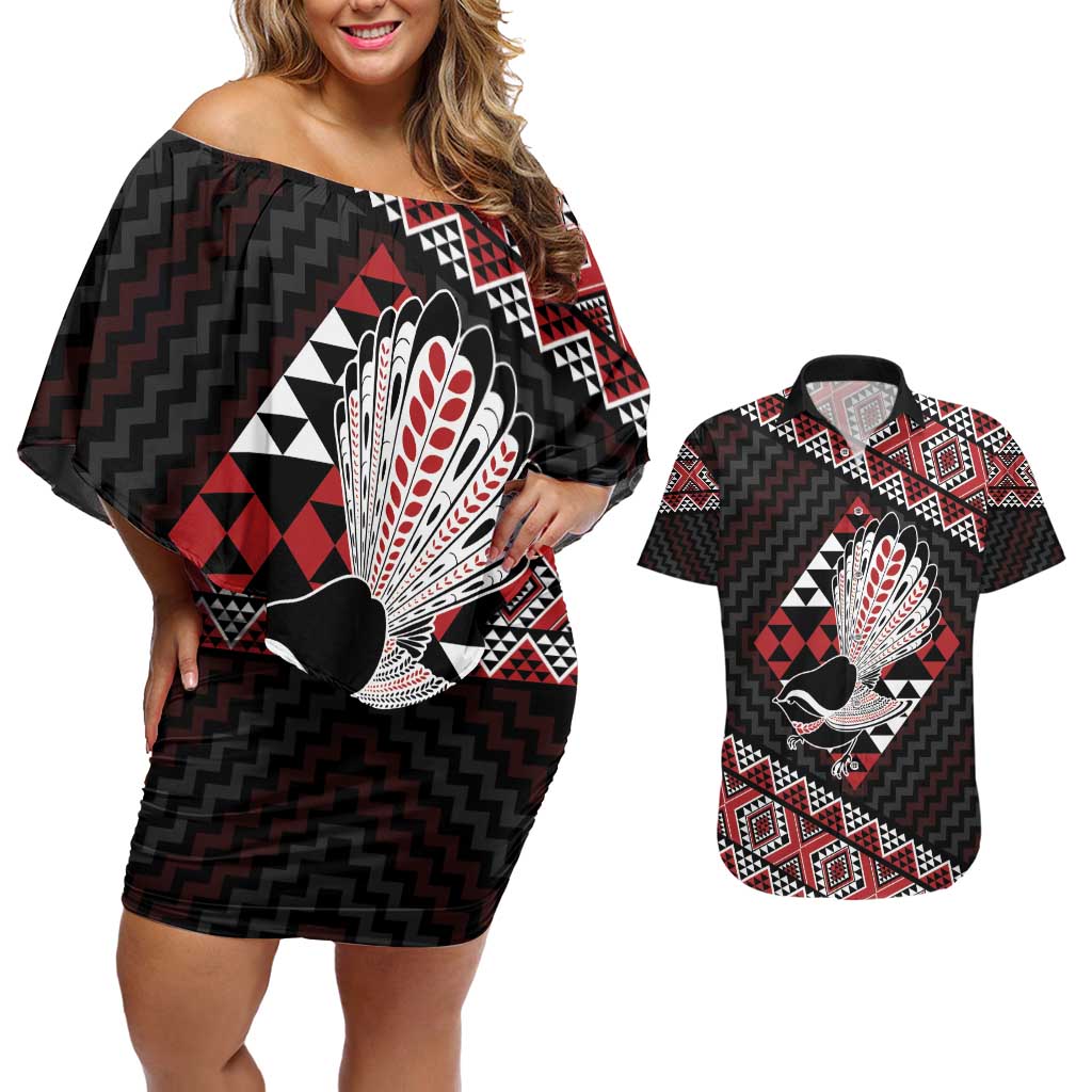 Taniko Aotearoa Couples Matching Off Shoulder Short Dress and Hawaiian Shirt Poutama Mix Piwakawaka