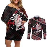 Taniko Aotearoa Couples Matching Off Shoulder Short Dress and Long Sleeve Button Shirt Poutama Mix Piwakawaka