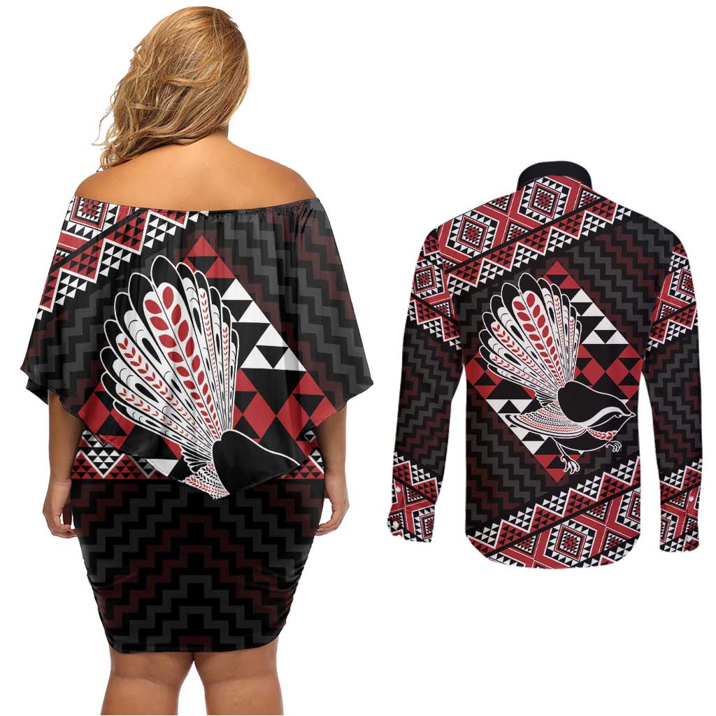 Taniko Aotearoa Couples Matching Off Shoulder Short Dress and Long Sleeve Button Shirt Poutama Mix Piwakawaka
