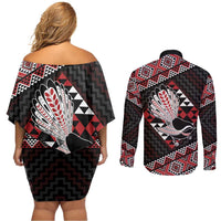 Taniko Aotearoa Couples Matching Off Shoulder Short Dress and Long Sleeve Button Shirt Poutama Mix Piwakawaka