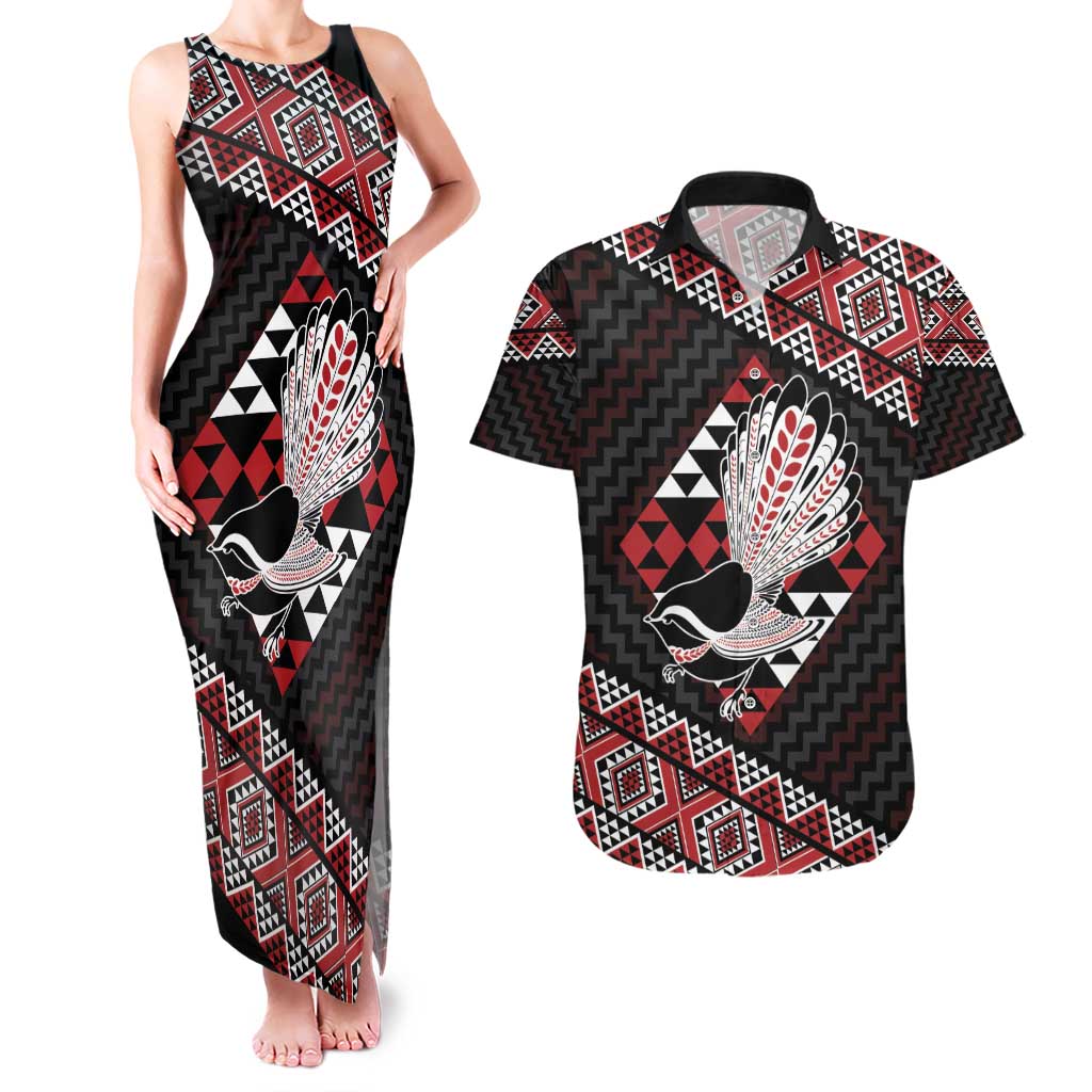 Taniko Aotearoa Couples Matching Tank Maxi Dress and Hawaiian Shirt Poutama Mix Piwakawaka